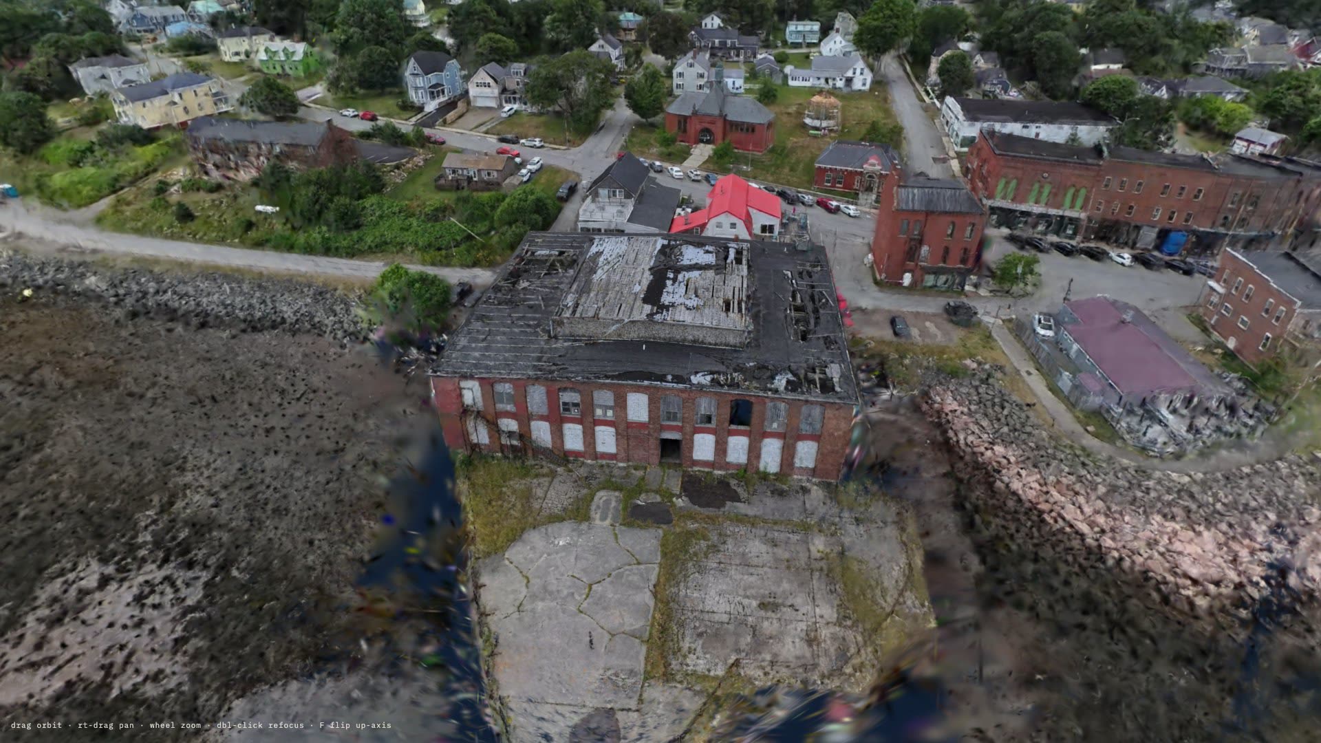 Aerial reconstruction of the American Can building and its waterfront, built from a drone scan.